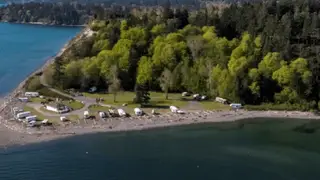 Aerial view of Beachcomber RV Park beside the Cowichan Head shoreline