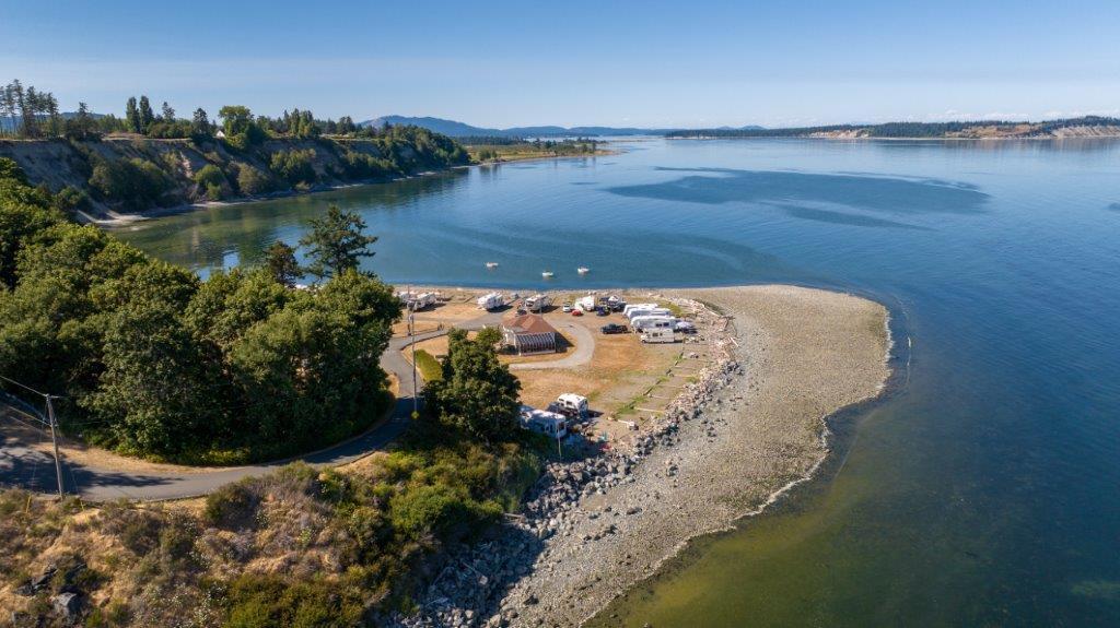 Aerial view of Beachcomber RV Park on the Saanich Peninsula shoreline