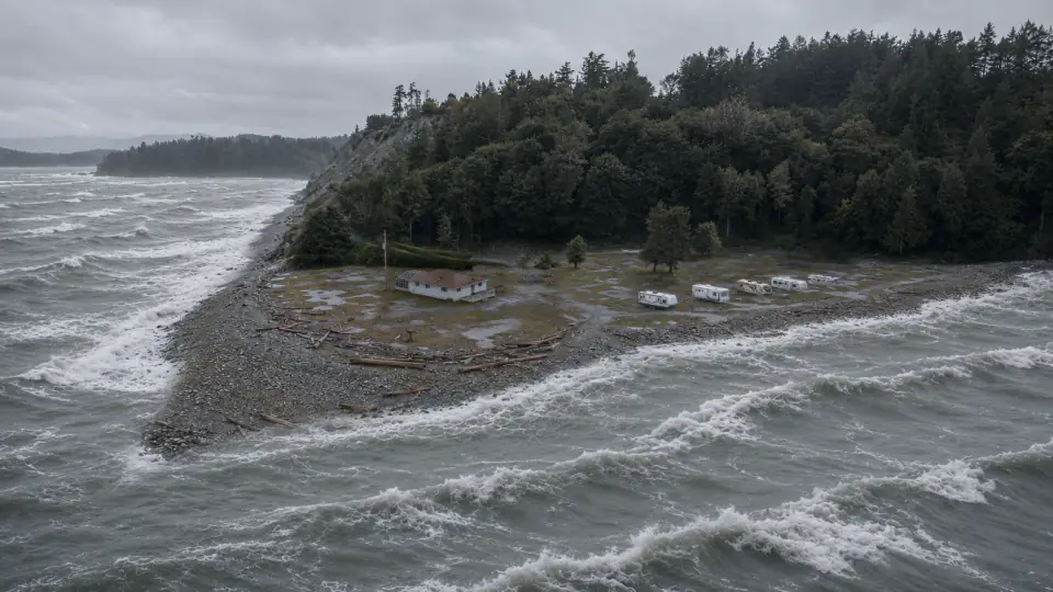 Illustrative wide aerial view of winter storm waves around Beachcomber RV Park at Cowichan Head